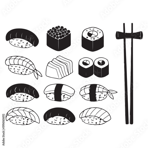 Hand drawn sushi and sashimi vector illustration set with chopsticks isolated on white background