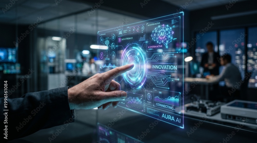 Fototapeta premium Human hand touching holographic AI interface, soft glow, innovation concept