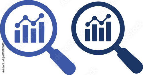 Magnifying glass over bar chart and line graph