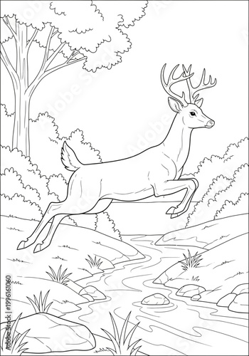 A strong majestic buck, displaying its magnificent antlers, is caught gracefully leaping, symbolizing wild freedom, inherent agility, and powerful, dynamic movement in its habitat.