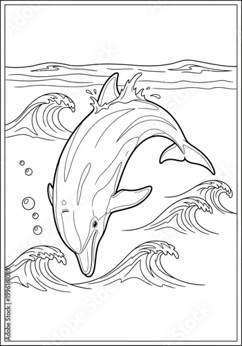 A friendly bottlenose dolphin leaps gracefully with a sleek body and a joyful expression, captured in a detailed black and white coloring page design perfect for all creative artistic children.