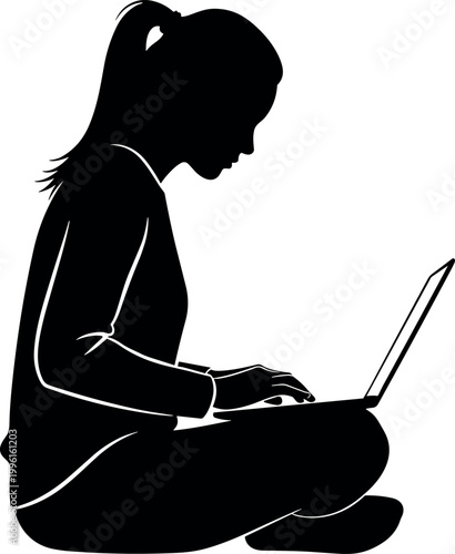 Silhouette of a young woman sitting cross-legged on the floor working on a laptop computer isolated on a white background