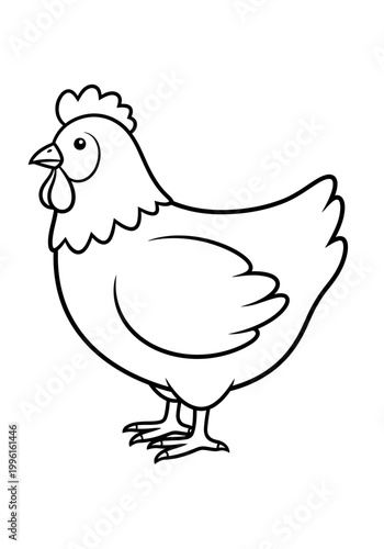 A charming simple cartoon outline drawing of a farm chicken, a domesticated bird with a distinctive comb and wattle, depicted in clear black and white line art for children's coloring.