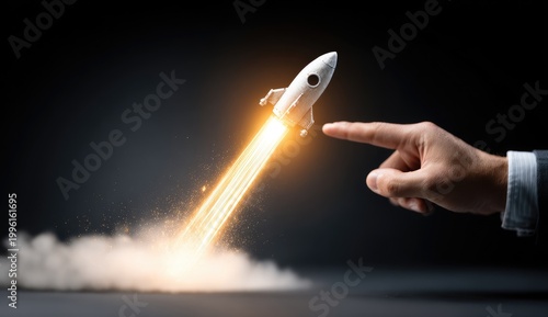 Business Rocket Launching into Success with Hand Pointer.