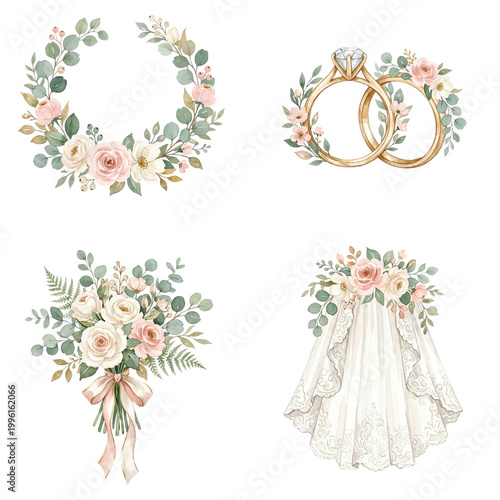Delicate floral illustrations of wedding elements, perfect for celebrating love and new beginnings, showcasing an array of romantic arrangements.