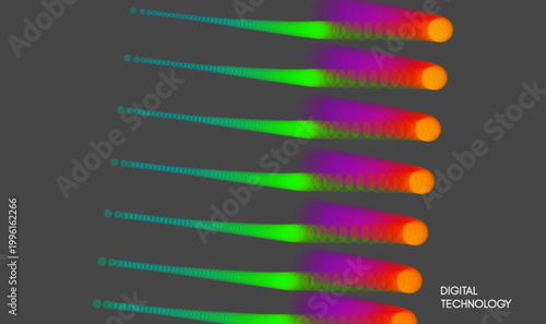 Pulsed flow. Particles deviate from their trajectory. A bright, dynamic trace of pulsating energy on the screen. Technological digital background. Light effect. Color gradient. Vector for design.