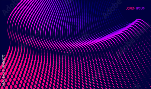 Grid surface with particle. Vibrant trendy texture, with blending colors.  A piece of fabric with a fold and in perspective. Convex background. 3D vector for brochure, poster, cover, presentation, etc