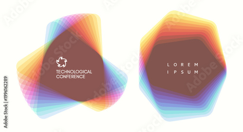 Geometric hexagonal and triangle elements isolated on a white background. Offset and overlapping layers. Semi-transparent element. Template for an invitation to an event or conference. Vector.