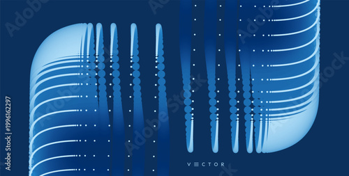 A cubic figure cut in half and the parts offset. Technological background. Pulsating electrical energy in multilayered movement. Cold neon glow effect. Industrial style for digital projects. 3D vector
