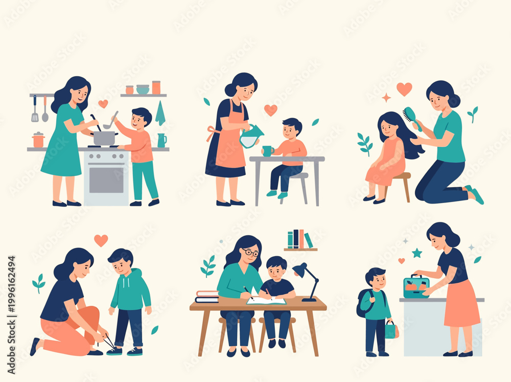 Fototapeta premium Mother and Child Daily Life Scenes Cooking Learning Caring Family Love Illustration Set