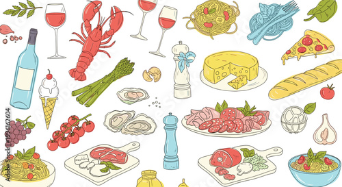 Colorful Hand Drawn Gourmet Food and Drink Set with Wine Lobster Cheese Pizza Pasta and Seafood Collection