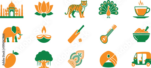 India culture and national symbols icon set. Featuring the Taj Mahal, lotus, tiger, peacock, elephant, rickshaw, and tea. Green and orange vector graphics.