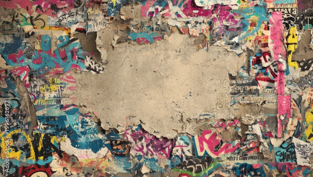 Naklejka premium Peeling posters and graffiti layers reveal distressed concrete wall