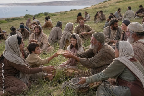 groups of people seated on the grass sharing bread near the lakeshore, a feeding of the five thousand scene conveying provision, community, gratitude, faith and abundance