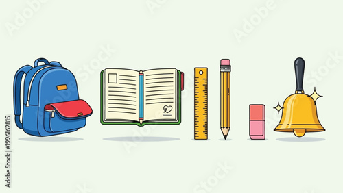 School supplies collection backpack books pencils and a golden bell
