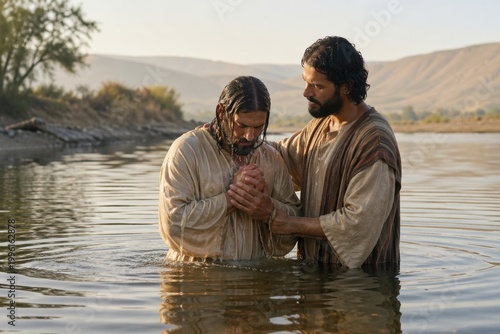 jesus standing in the jordan as he is baptized in calm morning light, a biblical scene of humility, consecration and spiritual beginning beside the quiet riverbank