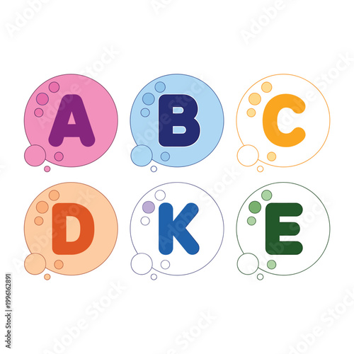 Vitamins icons set with colorful alphabet bubbles a b c d k e letters on transparent background for pharmaceutical supplement labels.