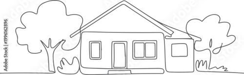 Simple black and white line of a house with four windows and a chimney line house home cottage