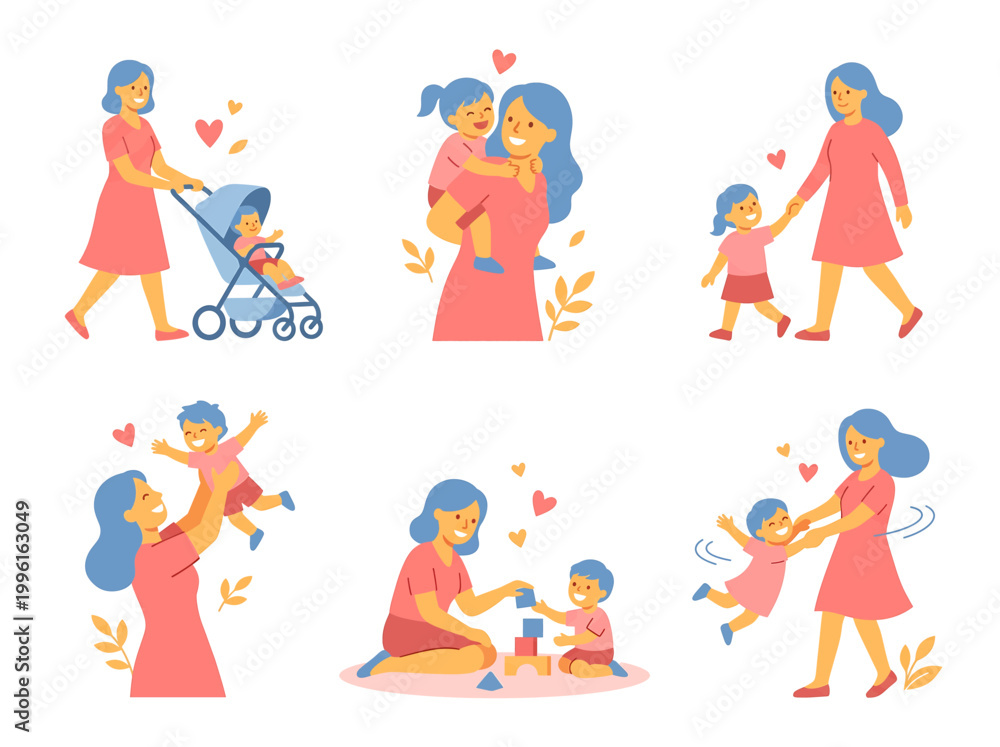 Fototapeta premium Mother Carrying Child Walking in Nature Minimalist Illustration
