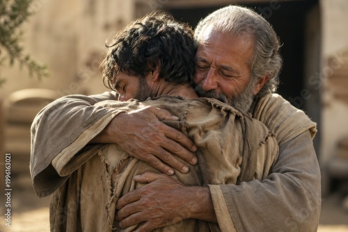 an elderly father warmly embracing his returning son outside the house, a prodigal son scene of forgiveness, reconciliation, mercy, homecoming and unconditional love
