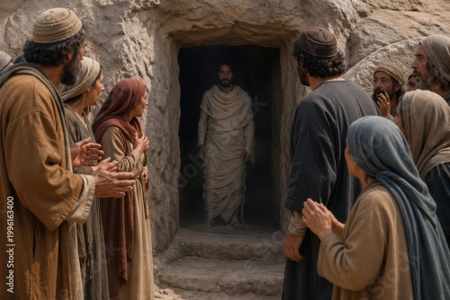 crowd gathers in astonishment as lazarus steps from the tomb wrapped in burial cloth, a biblical resurrection scene expressing miracle, faith, witness and human wonder