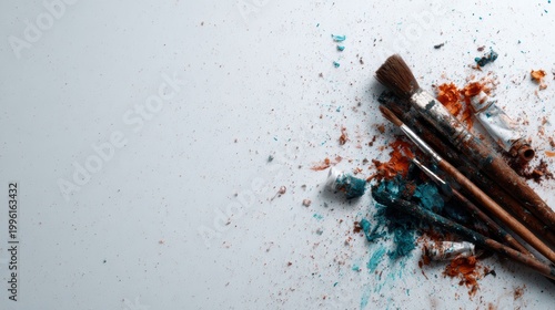 An artistic display featuring brushes surrounded by splattered pigments, characterized by a creative chaos that embodies the spirit of artistic expression and imagination.