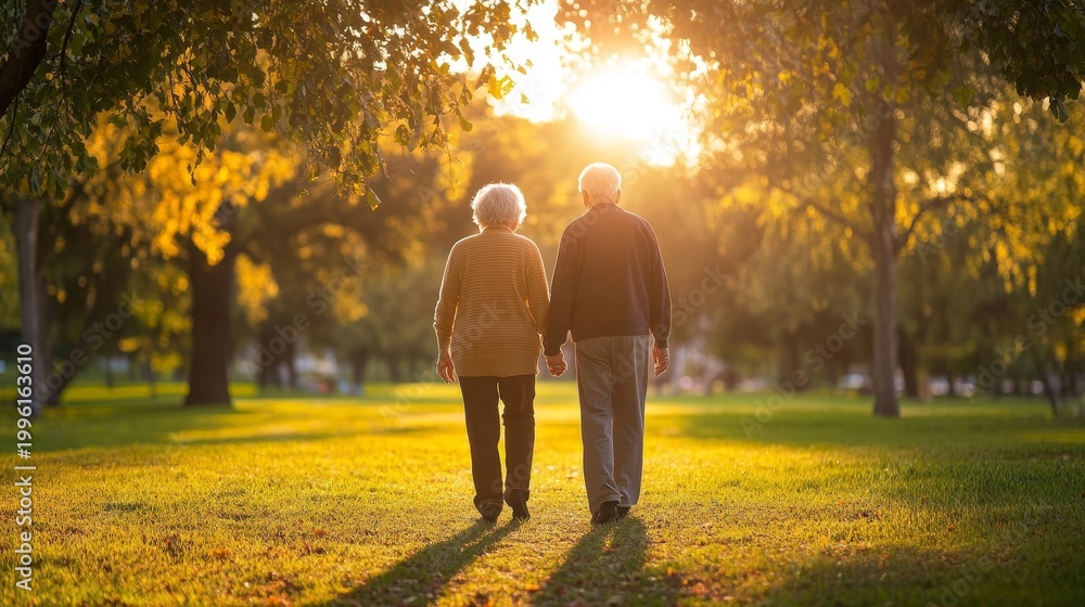 Obraz premium Elderly couple walks hand in hand through a sunlit public park during a peaceful afternoon, showcasing a lasting bond and companionship in their golden years.