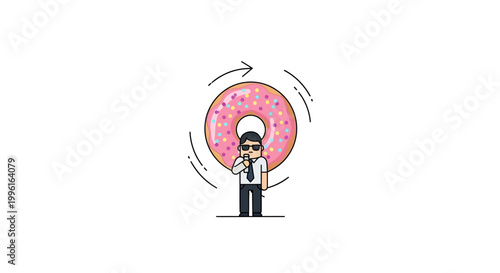Cartoon man spinning around a pink donut.