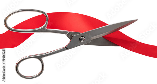 Scissors cutting red ribbon symbolizing grand opening on transparent background