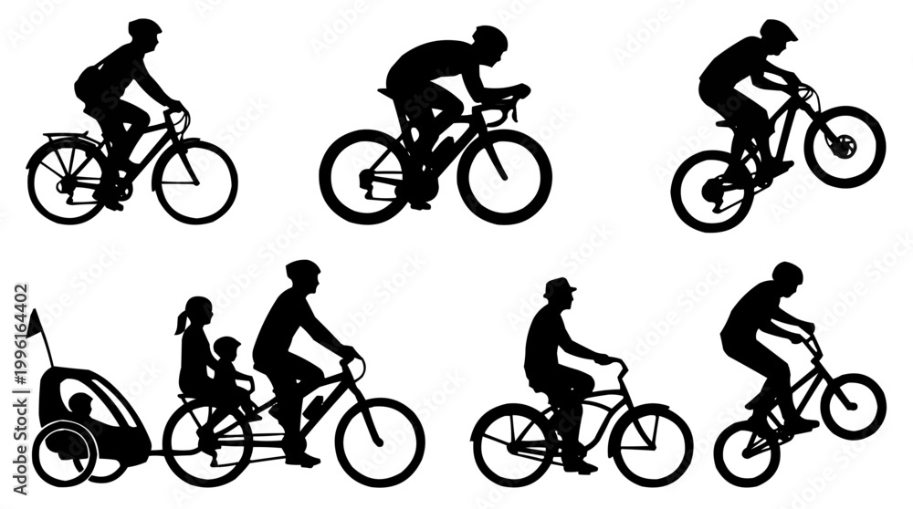 Obraz premium Silhouettes of diverse cyclists enjoying outdoor activities on bicycles