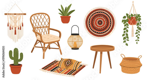 Boho interior design elements vector graphic collection