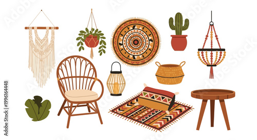 Boho style interior decor vector illustration set