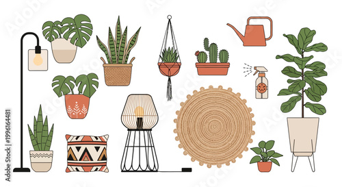 Bohemian indoor plants and home decor vector illustration