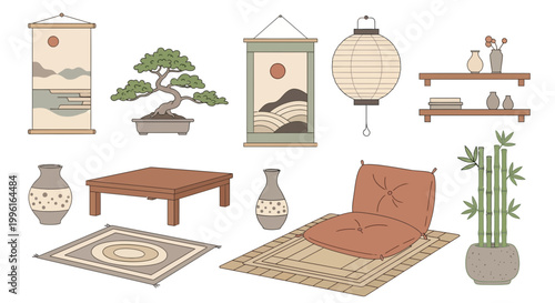 Collection of traditional japanese interior vector elements