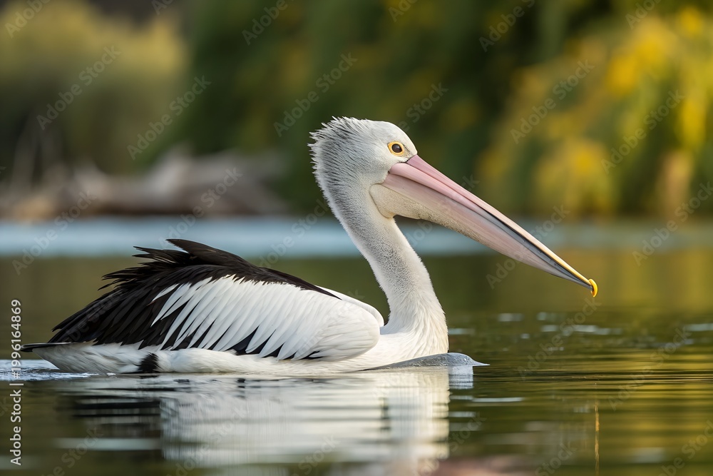 Fototapeta premium Australian pelican swimming in a calm pond with green trees