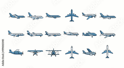 Set of Blue Airplane and Aircraft Icons for Travel and Aviation