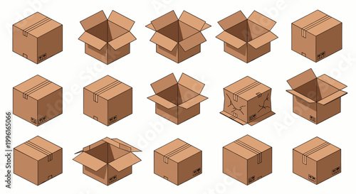 Isometric Cardboard Box Icon Set for Shipping and Delivery