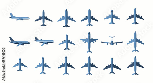 Blue Flat Design Airplane Icons Collection for Aviation Graphics