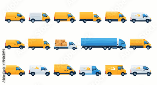 Set of delivery vans and cargo trucks for logistics and shipping