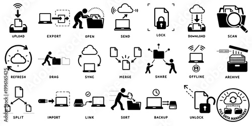 ファイル・データ管理アイコンセット（アップロード・同期・共有・バックアップ）、File Data Management Icon Set (Upload, Sync, Share, Backup)
