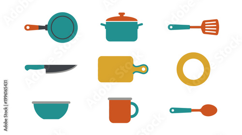 Set of kitchen utensils and cookware icons in flat style.