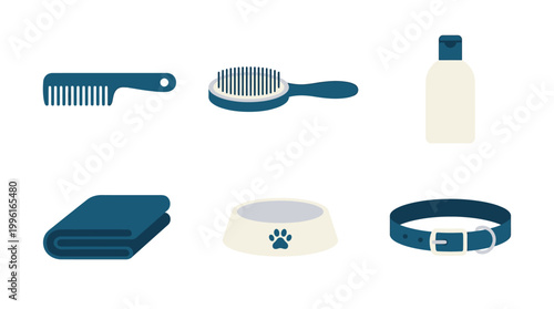 Set of pet care grooming and hygiene equipment icons.