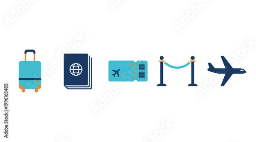 Set of travel and airport themed icons with luggage and airplane.