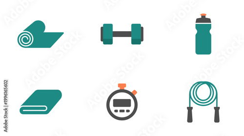 Set of six flat vector fitness and workout equipment icons.