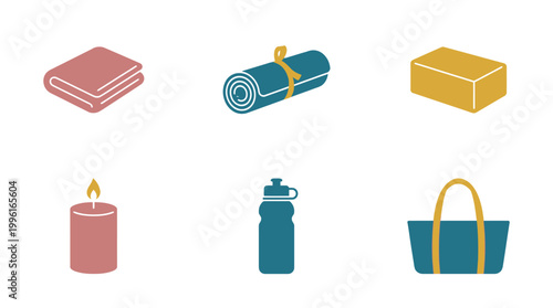 Set of six yoga and meditation lifestyle accessory icons.