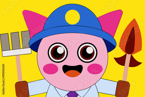 Cute Pink Round Doll Worker Character Holding Tools Yellow Background