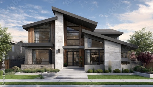 Modern angular home with stone, wood, and glass accents