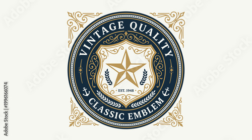 Vintage quality emblem featuring a star and decorative elements, suitable for branding and design