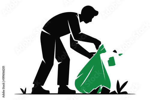 Silhouette of a man picking up trash and putting it into a green garbage bag, environmental cleanup concept, vector illustration
