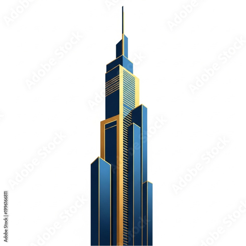 Modern skyscraper building with blue glass and gold accents.